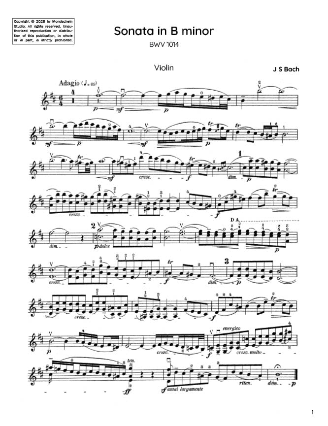 Bach - Sonata in B minor for Violin and Harpsichord, BWV 1014 (PDF Sheet Music / Digital Download)