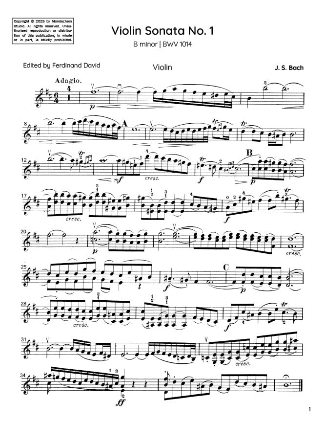 Bach - Violin Sonata No. 1 in B minor for Violin and Harpsichord, BWV 1014 (PDF Sheet Music / Digital Download)