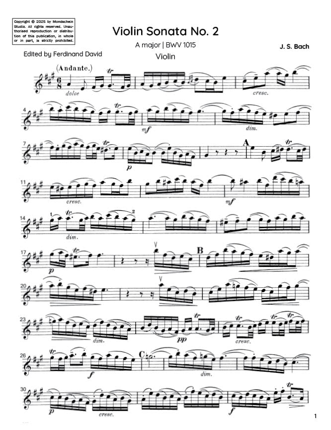 Bach - Violin Sonata No. 2 in A major for Violin and Harpsichord, BWV 1015 (PDF Sheet Music / Digital Download)