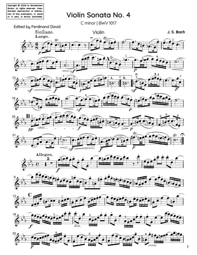 Bach - Violin Sonata No. 4 in C minor for Violin and Harpsichord, BWV 1017 (PDF Sheet Music / Digital Download)