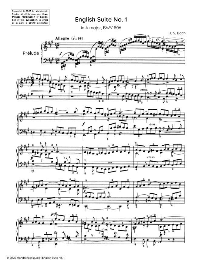 Bach - English Suite No. 1 in A major, BWV 806 (PDF Sheet Music / Digital Download)
