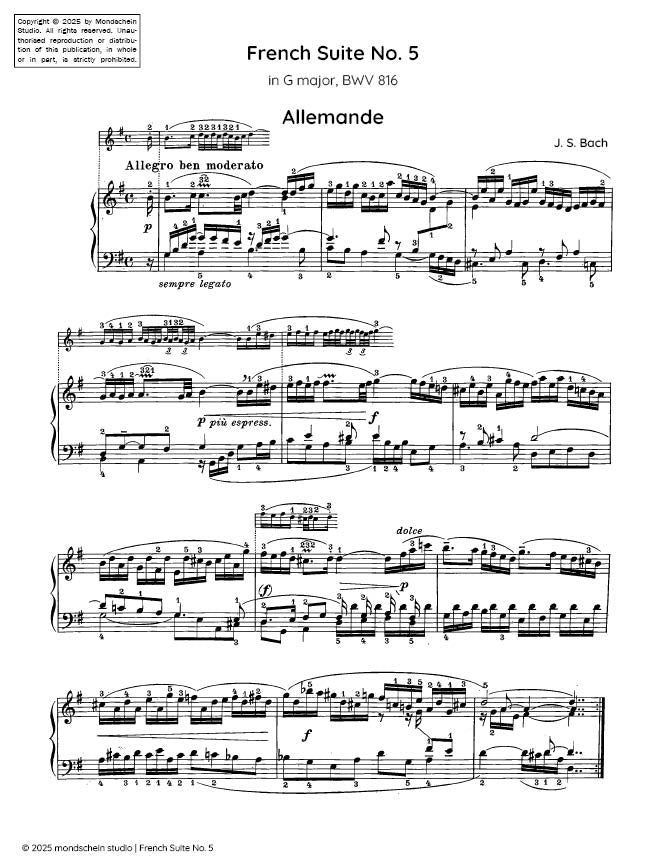 Bach - French Suite No. 5 in G major, BWV 816 (PDF Sheet Music / Digital Download)