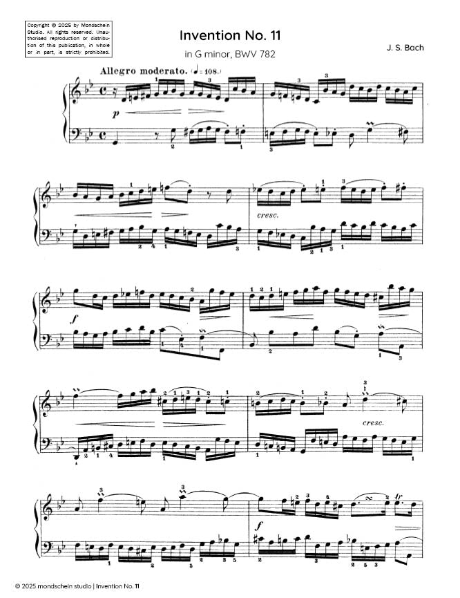 Bach - Invention No. 11 in G minor, BWV 782 (PDF Sheet Music / Digital Download)