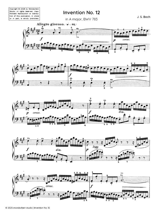 Bach - Invention No. 12 in A major, BWV 783 (PDF Sheet Music / Digital Download)