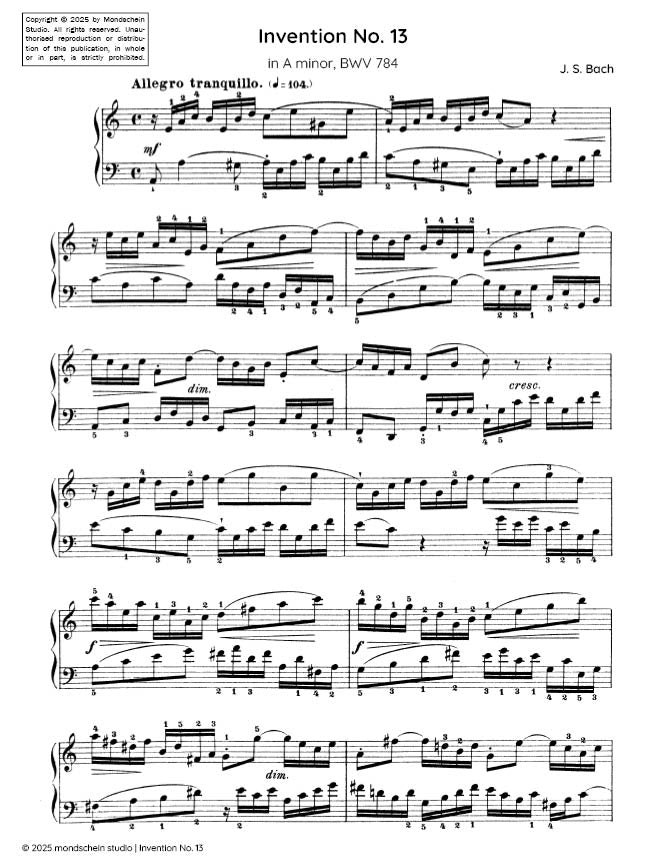 Bach - Invention No. 13 in A minor, BWV 784 (PDF Sheet Music / Digital Download)