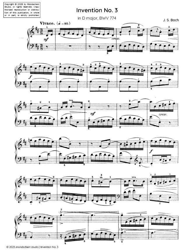 Bach - Invention No. 3 in D major, BWV 774 (PDF Sheet Music / Digital Download)