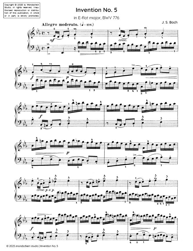 Bach - Invention No. 5 in E-flat major, BWV 776 (PDF Sheet Music / Digital Download)