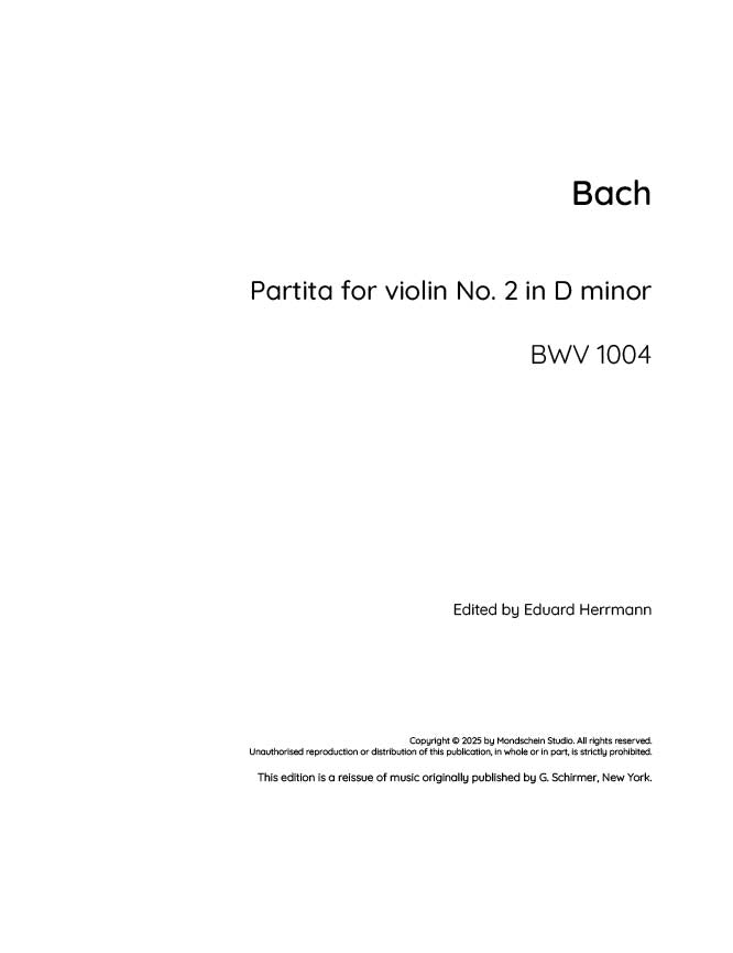 Bach - Partita No. 2 in D minor for Solo Violin, BWV 1004 (PDF Sheet Music / Digital Download)