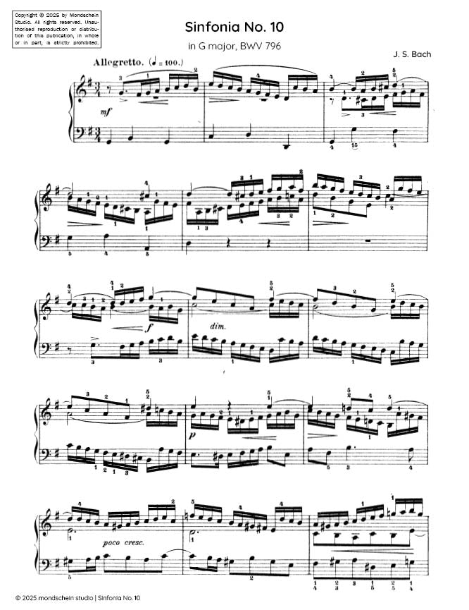 Bach - Sinfonia No. 10 in G major, BWV 796 (PDF Sheet Music / Digital Download)