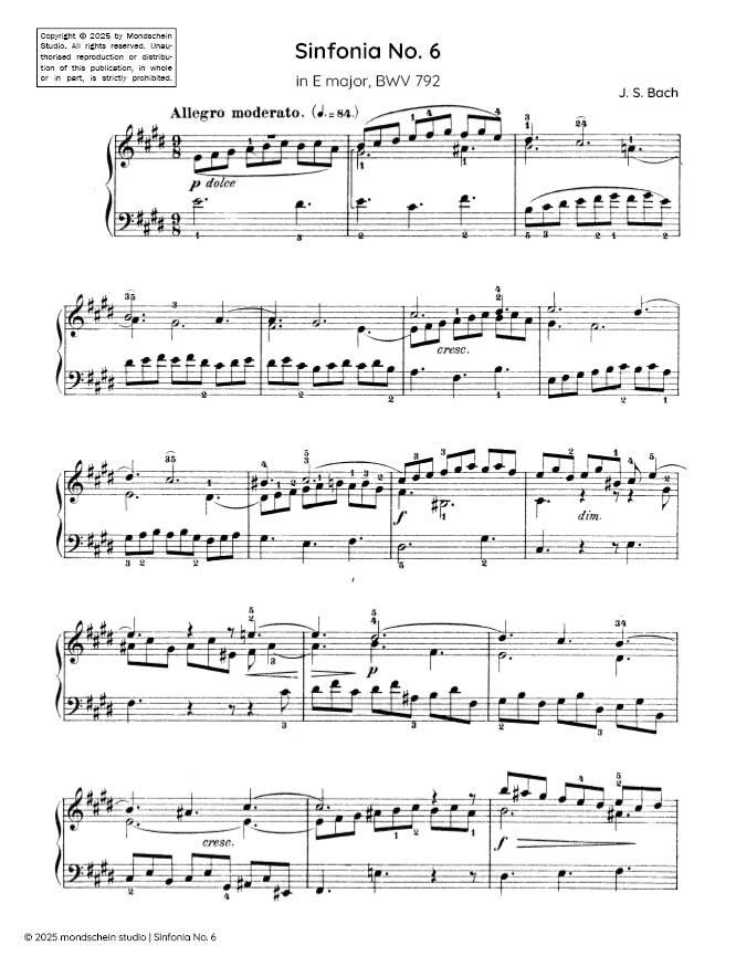 Bach - Sinfonia No. 6 in E major, BWV 792 (PDF Sheet Music / Digital Download)