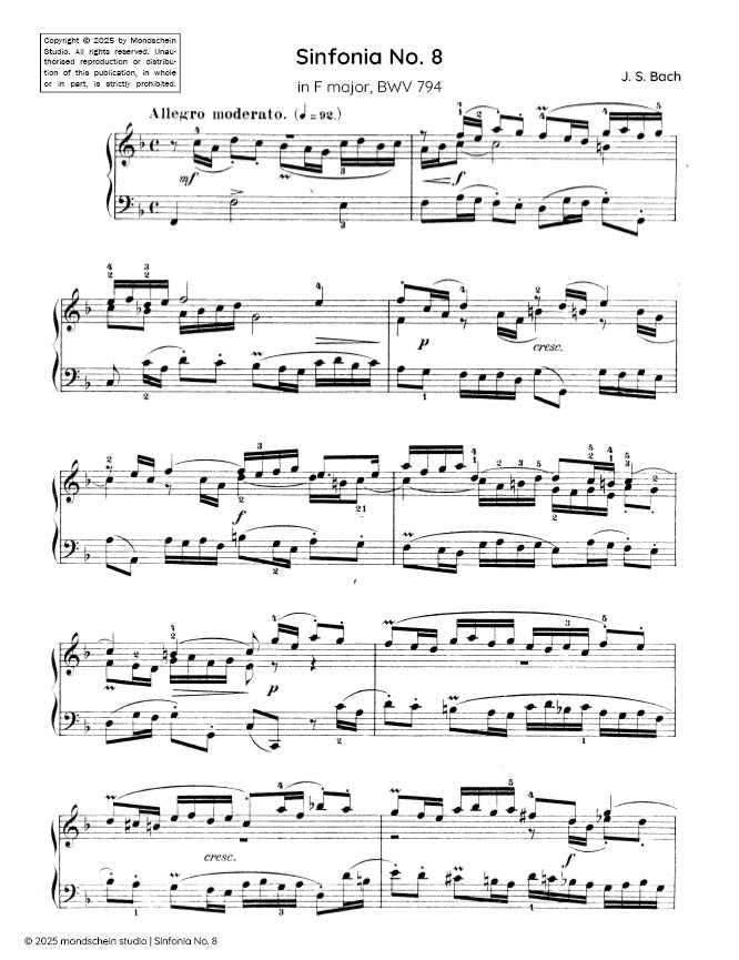 Bach - Sinfonia No. 8 in F major, BWV 794 (PDF Sheet Music / Digital Download)