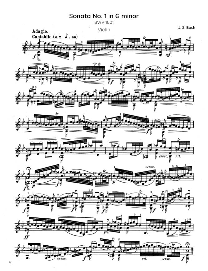 Bach - Sonata No. 1 in G minor for Solo Violin, BWV 1001 (PDF Sheet Music / Digital Download)