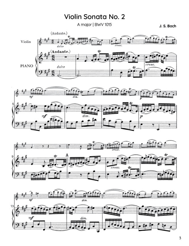 Bach - Violin Sonata No. 2 in A major for Violin and Harpsichord, BWV 1015 (PDF Sheet Music / Digital Download)