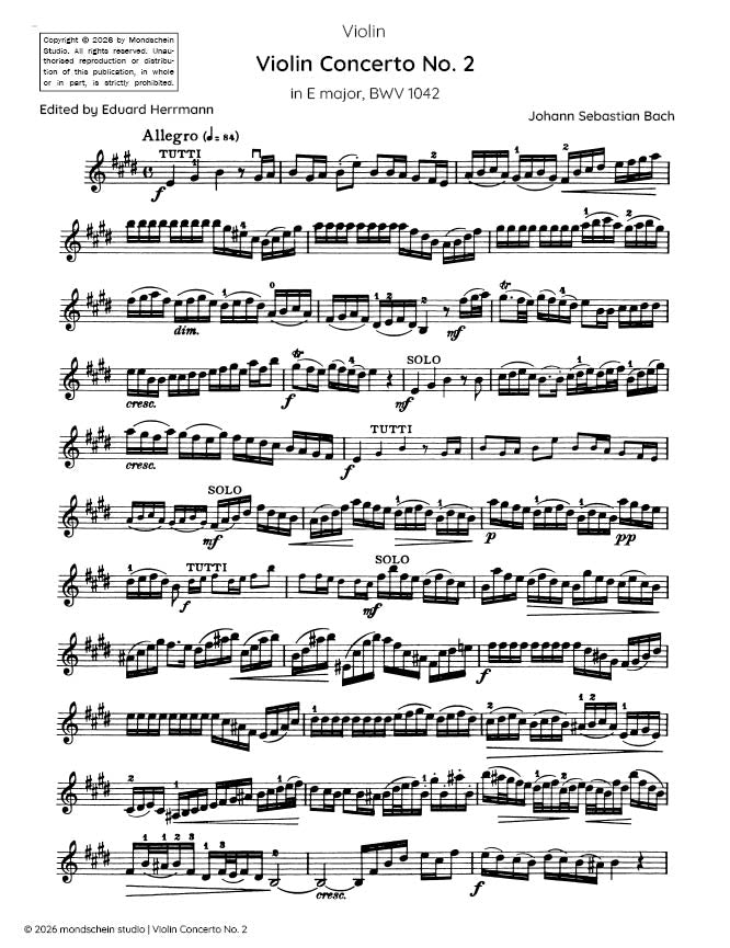 Bach - Violin Concerto No. 2 in E major, BWV 1042 (PDF Sheet Music / Digital Download)