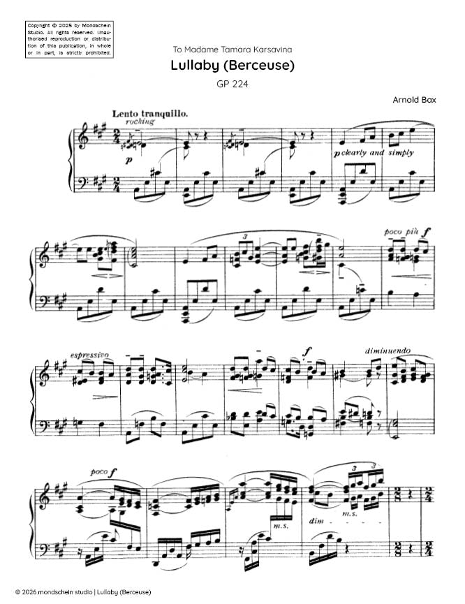 Bax -Lullaby (Berceuse), GP 224 (PDF Sheet Music / Digital Download)
