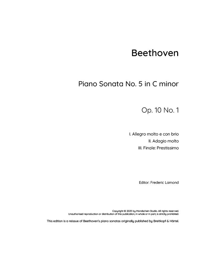 Beethoven - Piano Sonata No. 5, Op. 10 No. 1 (PDF Sheet Music / Digital Download)