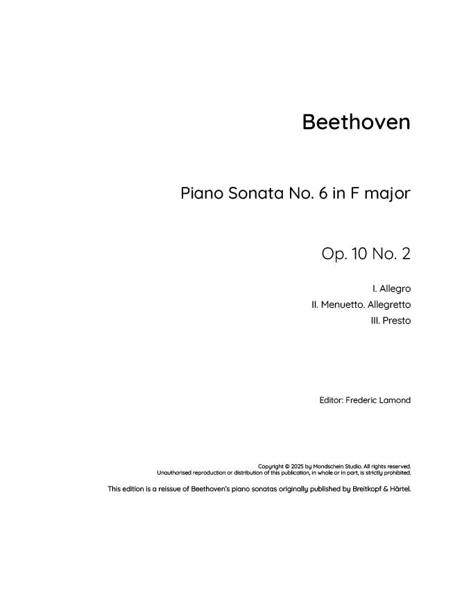 Beethoven - Piano Sonata No. 6, Op. 10 No. 2 (PDF Sheet Music / Digital Download)