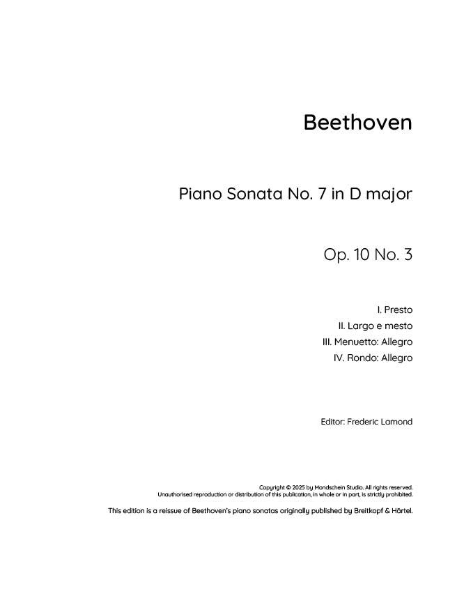 Beethoven - Piano Sonata No. 7, Op. 10 No. 3 (PDF Sheet Music / Digital Download)