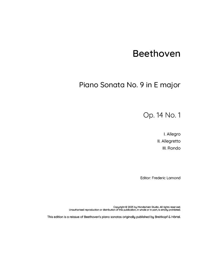Beethoven - Piano Sonata No. 9, Op. 14 No. 1 (PDF Sheet Music / Digital Download)