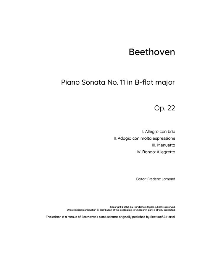 Beethoven - Piano Sonata No. 11, Op. 22 (PDF Sheet Music / Digital Download)