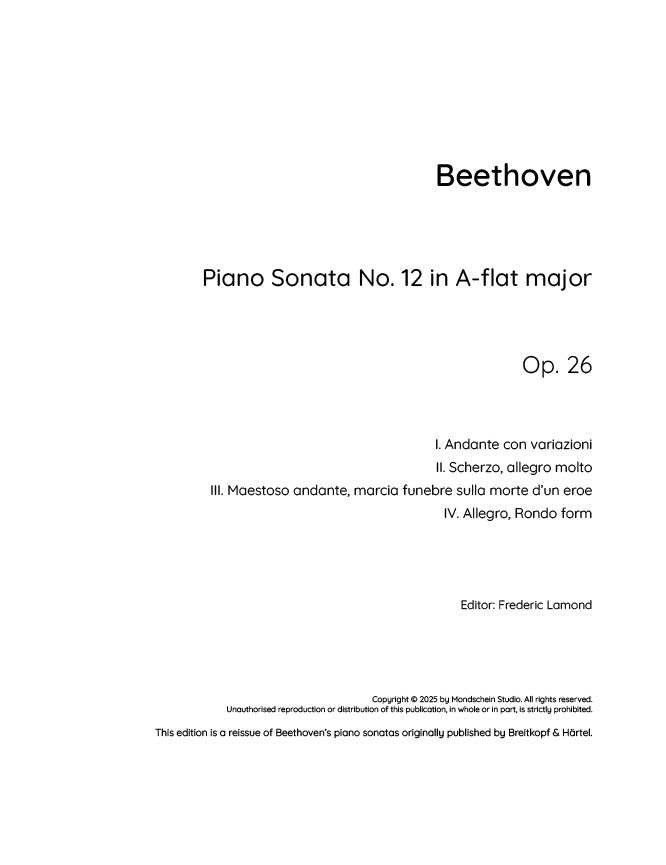 Beethoven - Piano Sonata No. 12, Op. 26 "Funeral March" (PDF Sheet Music / Digital Download)