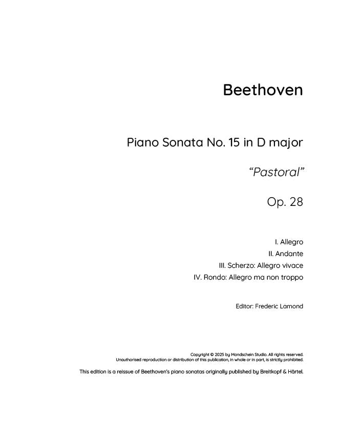 Beethoven - Piano Sonata No. 15, Op. 28 "Pastoral" (PDF Sheet Music / Digital Download)
