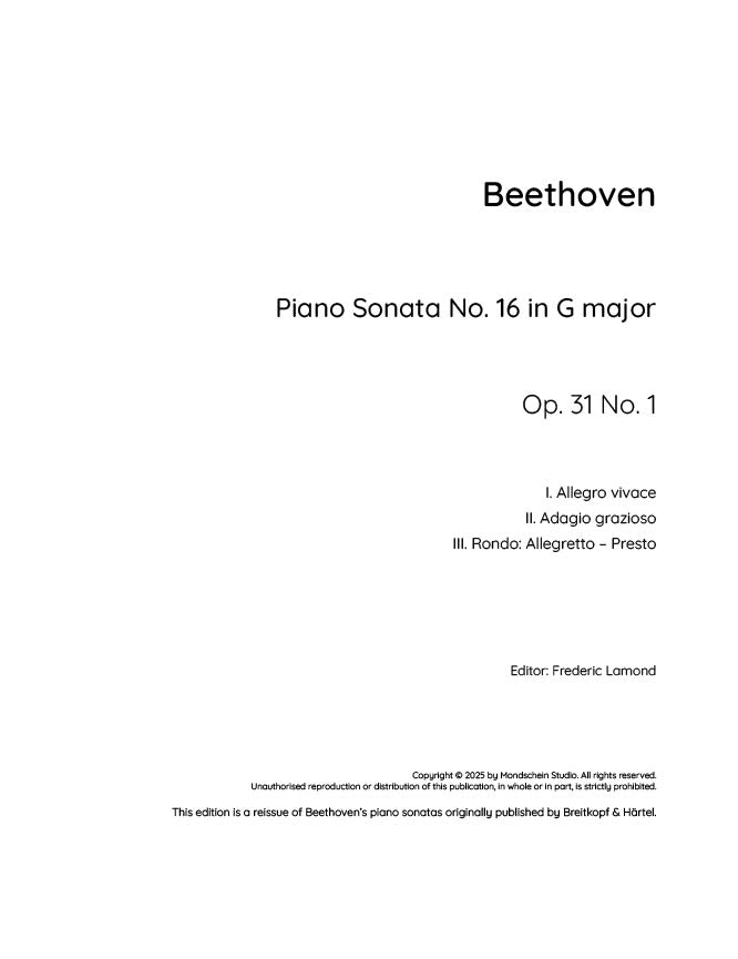 Beethoven - Piano Sonata No. 16, Op. 31 No. 1 (PDF Sheet Music / Digital Download)