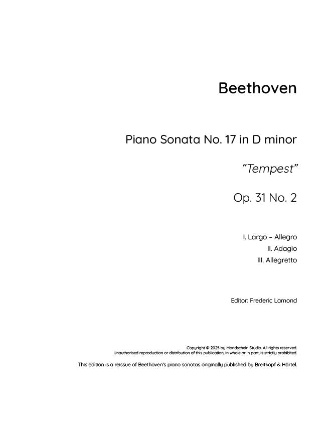 Beethoven - Piano Sonata No. 17, Op. 31 No. 2 "Tempest" (PDF Sheet Music / Digital Download)