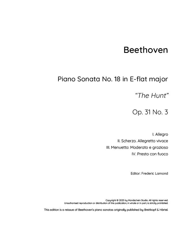 Beethoven - Piano Sonata No. 18, Op. 31 No. 3 "The Hunt" (PDF Sheet Music / Digital Download)