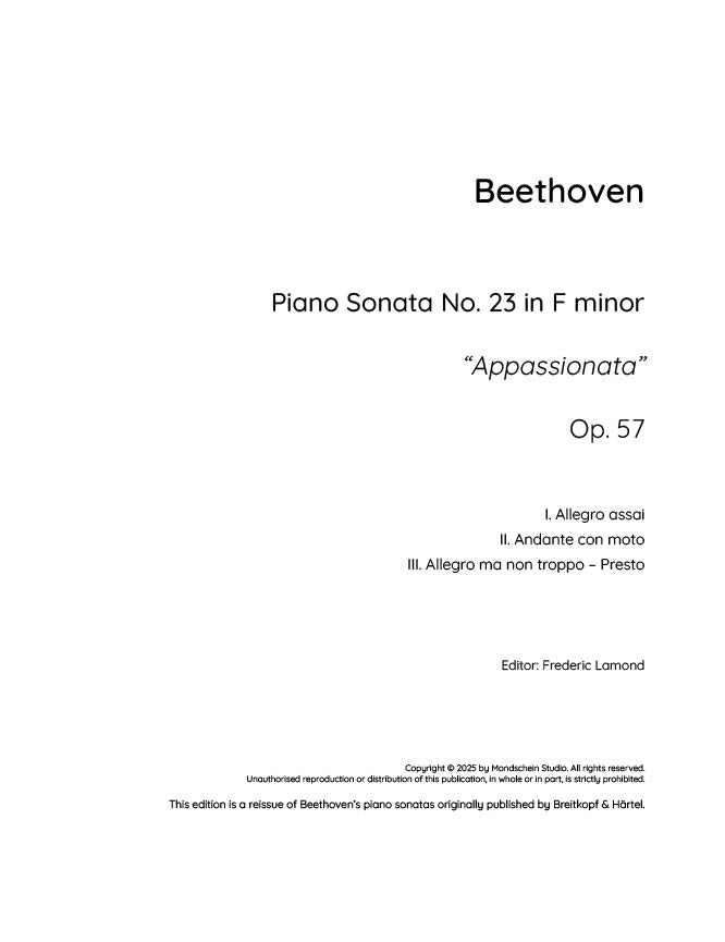 Beethoven - Piano Sonata No. 23, Op. 57 "Appassionata" (PDF Sheet Music / Digital Download)