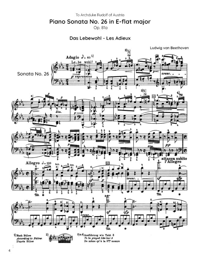 Beethoven - Piano Sonata No. 26, Op. 81a "Les Adieux" (PDF Sheet Music / Digital Download)