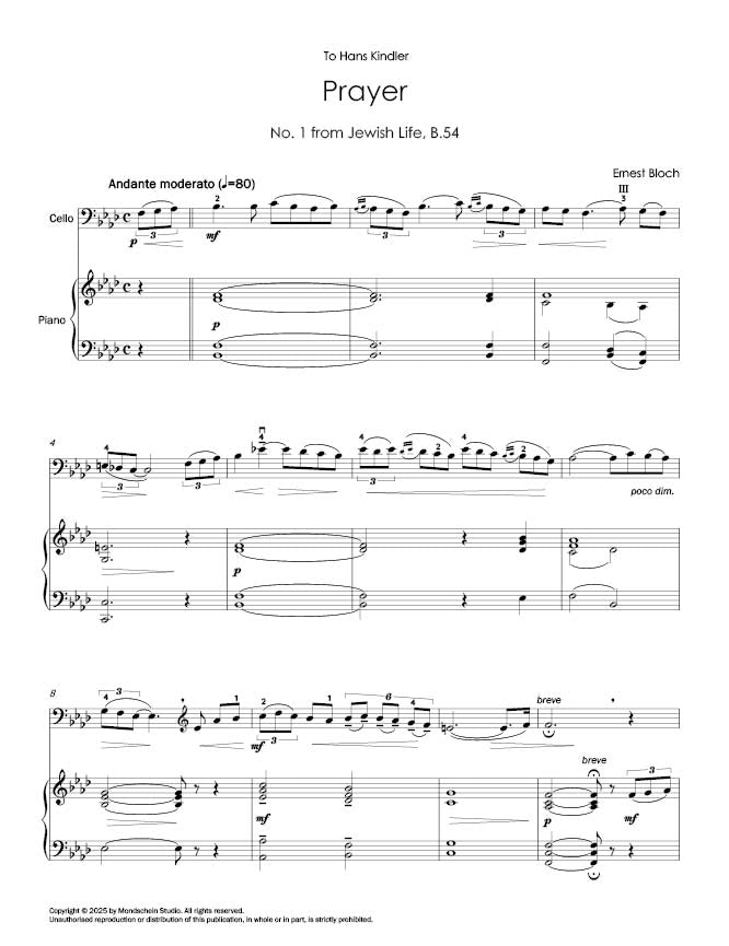 Bloch - Prayer, No. 1 from Jewish Life B.54 for Cello and Piano (PDF Digital Download | Printed Sheet Music)