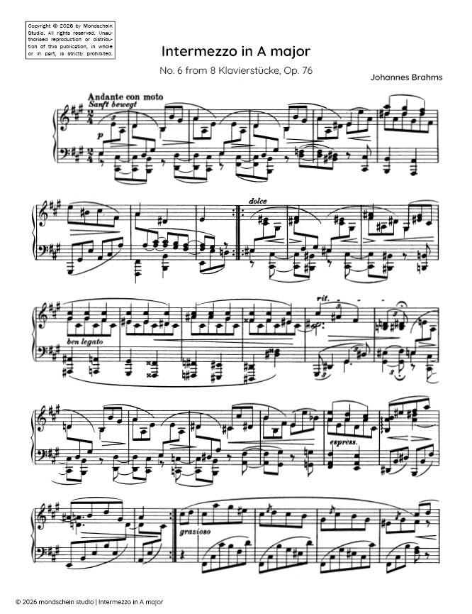 Brahms - Intermezzo in A major, No. 6 from 8 Klavierstücke, Op. 76 (PDF Sheet Music / Digital Download)