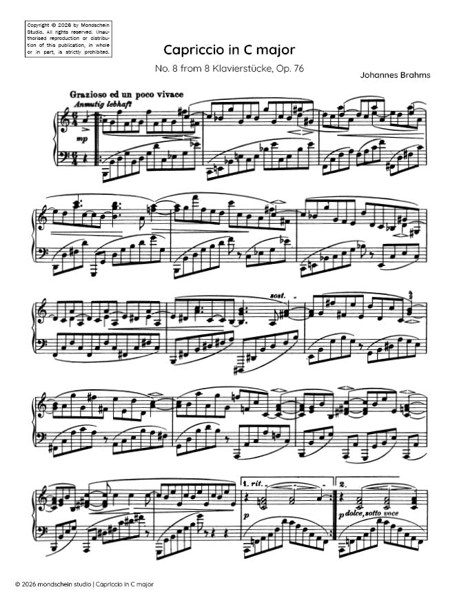 Brahms - Capriccio in C major, No. 8 from 8 Klavierstücke, Op. 76 (PDF Sheet Music / Digital Download)