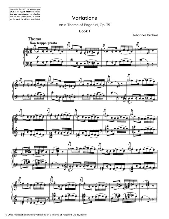 Brahms - Variations on a Theme of Paganini, Op. 35, Book I (PDF Sheet Music / Digital Download)