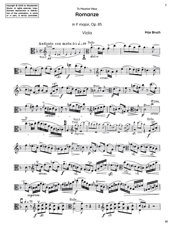 Bruch - Romanze, Op. 85 (PDF Sheet Music / Digital Download)
