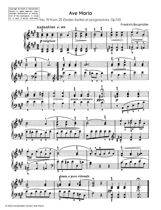 Burgmüller - Ave Maria, No. 19 from 25 Études faciles et progressives, Op. 100 (PDF Sheet Music / Digital Download)