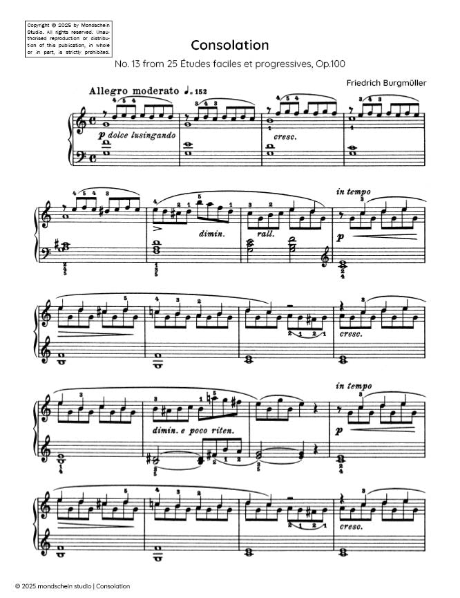 Burgmüller - Consolation, No. 13 from 25 Études faciles et progressives, Op. 100 (PDF Sheet Music / Digital Download)