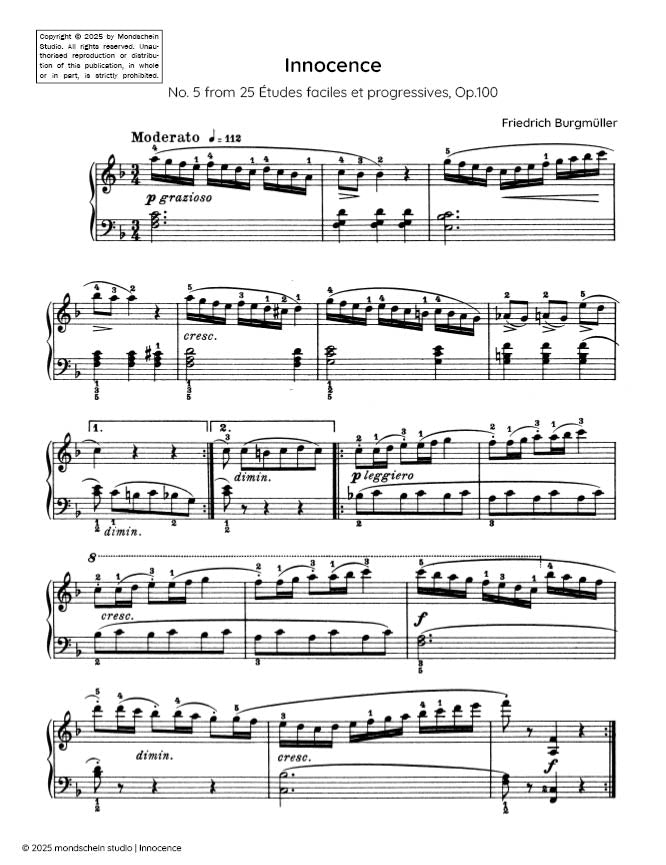 Burgmüller - Innocence, No. 5 from 25 Études faciles et progressives, Op. 100 (PDF Sheet Music / Digital Download)