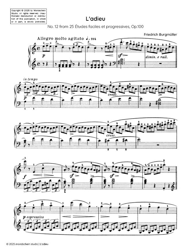 Burgmüller - L'adieu, No. 12 from 25 Études faciles et progressives, Op. 100 (PDF Sheet Music / Digital Download)