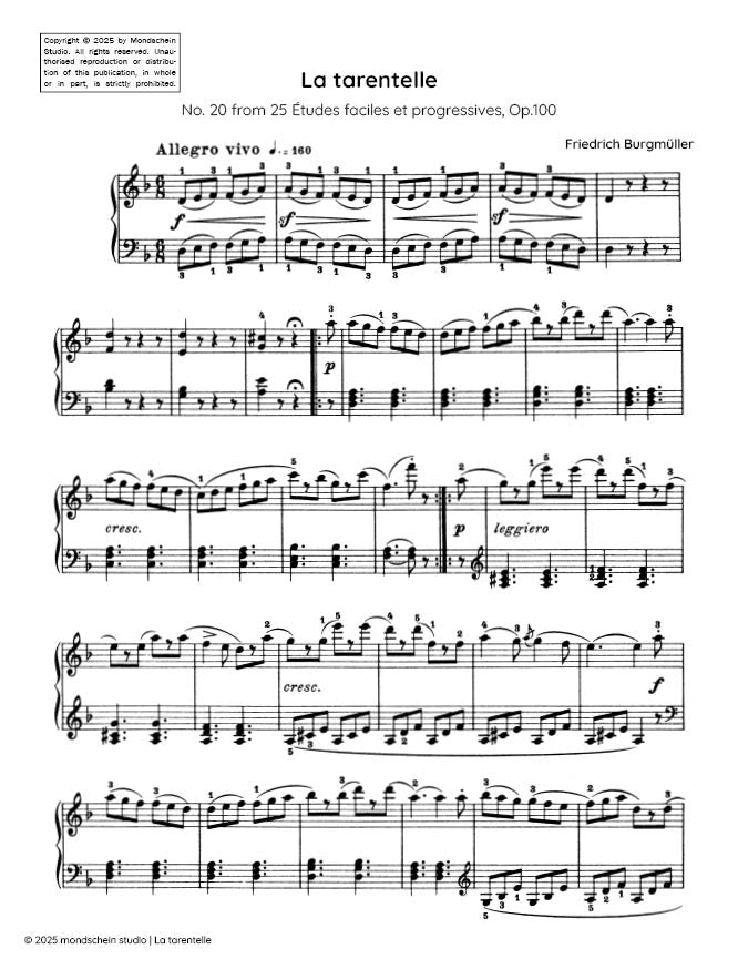 Burgmüller - La tarentelle, No. 20 from 25 Études faciles et progressives, Op. 100 (PDF Sheet Music / Digital Download)