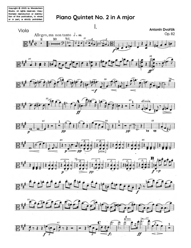 Dvořák - Piano Quintet No. 2 in A major, Op. 81 (PDF Sheet Music / Digital Download)