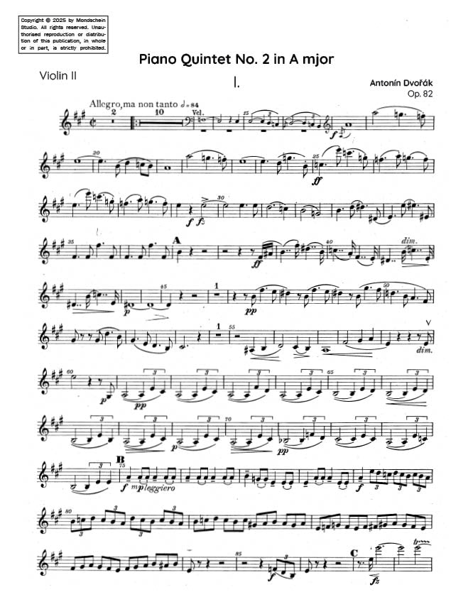 Dvořák - Piano Quintet No. 2 in A major, Op. 81 (PDF Sheet Music / Digital Download)