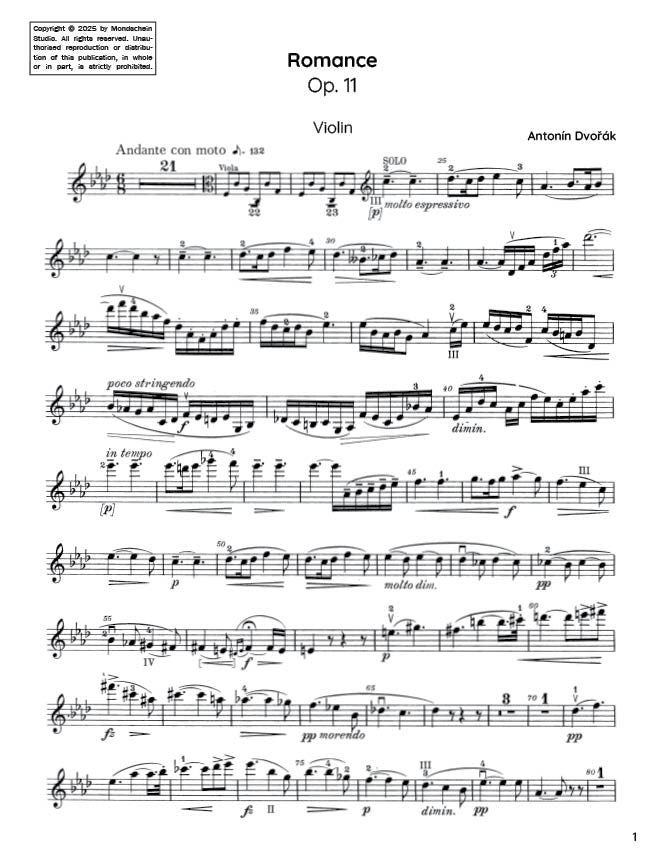 Dvořák - Romance in F minor for violin and piano, Op. 11 (PDF Sheet Music / Digital Download)
