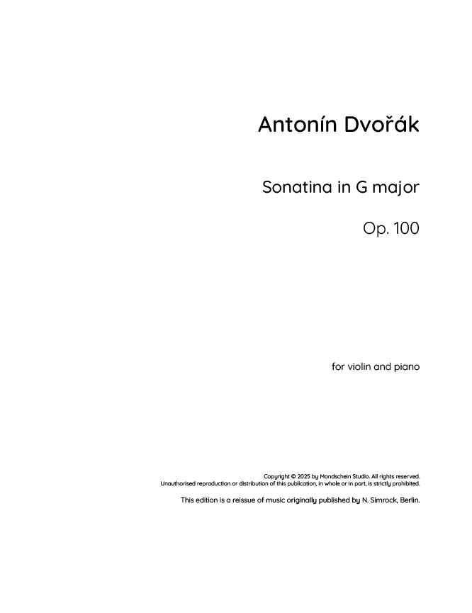 Dvořák - Sonatina in G major for violin and piano, Op. 100 (PDF Sheet Music / Digital Download)