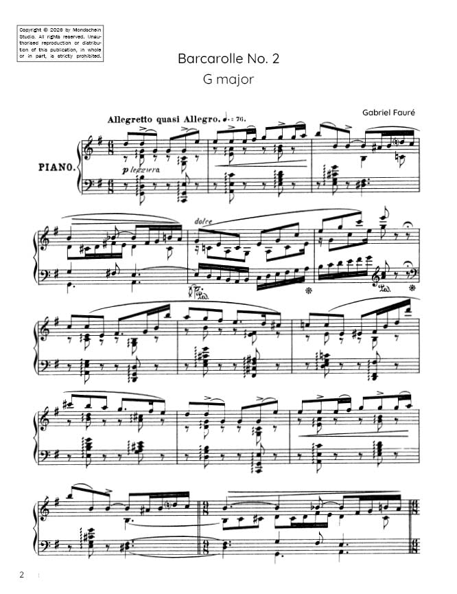 Fauré - Barcarolle No. 2 in G major, Op. 41 (PDF Sheet Music / Digital Download)