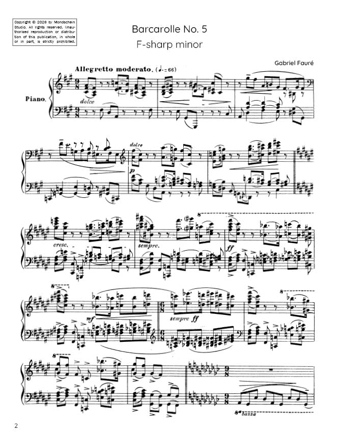 Fauré - Barcarolle No. 5 in F-sharp minor, Op. 66 (PDF Sheet Music / Digital Download)