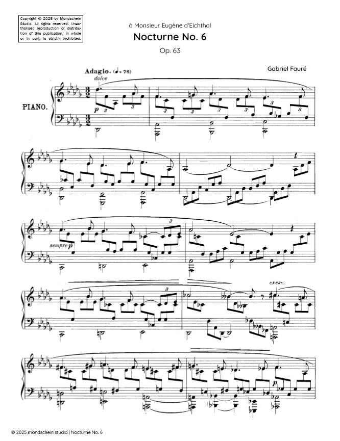 Fauré - Nocturne No. 6 in D-flat major, Op. 63 (PDF Sheet Music / Digital Download)