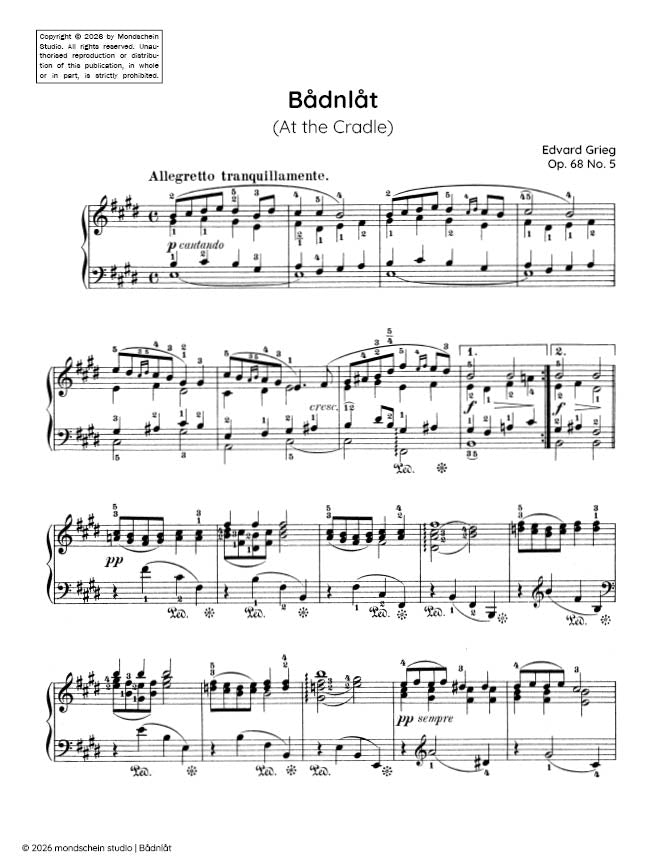 Grieg - Bådnlåt (At the Cradle), Op. 68 No. 5 (PDF Sheet Music / Digital Download)