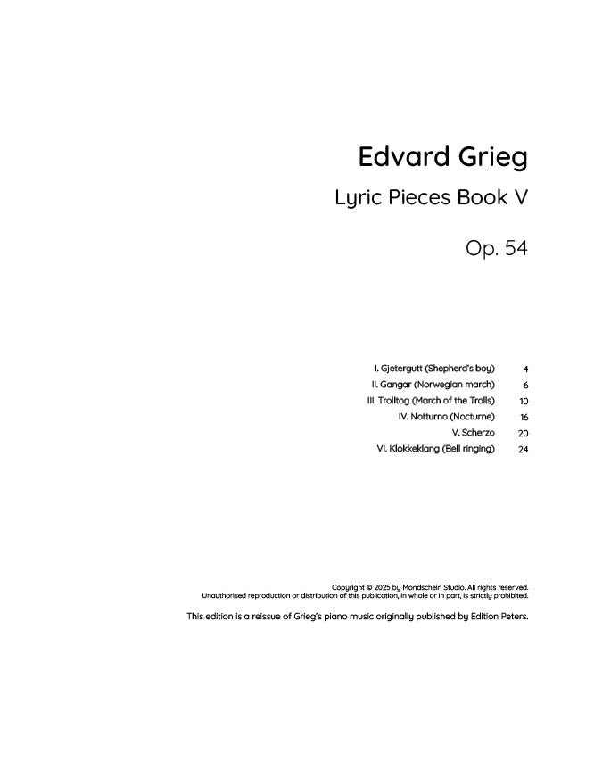 Grieg - Lyric Pieces Book V, Op. 54 (PDF Sheet Music / Digital Download)